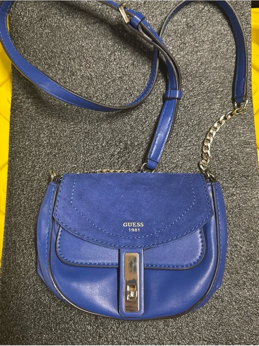 GUESS Blue Leather & Suede Crossbody Saddle Bag